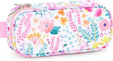 Girls Pencil Case for Kids, Multi-Slot Pencil Pouch, Flower Pink White