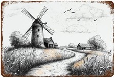 Windmill And Farm on White Tin Metal Signs Home D cor Aluminum Wall Art 8x12 In