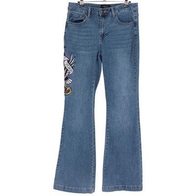 Ed Hardy NYC Womens Flare Jeans Blue Tattoo Graphic Skull Embroidery Size 30 Y2K