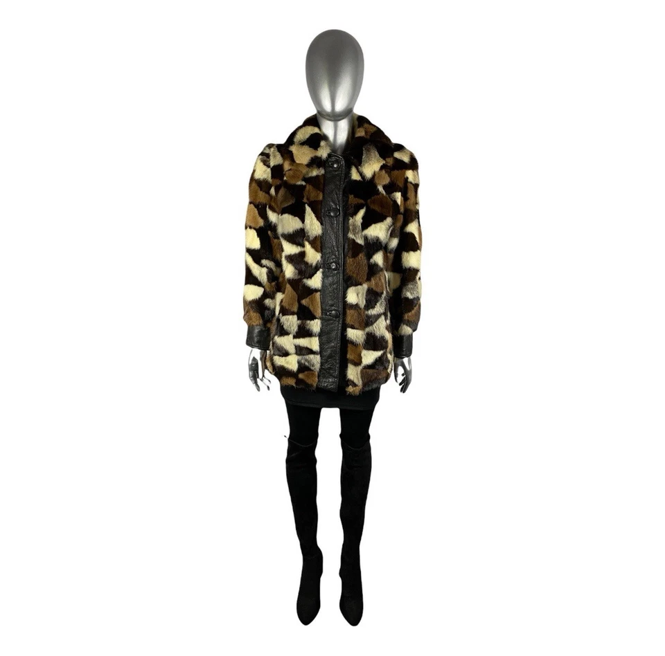 Multi Color Mosaic Design MINK Jacket W/Leather, Size XS, Certified Vintage Fur - Image 2 of 4
