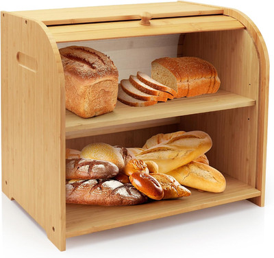 Bread Box for Kitchen Countertop, Double Layer Bamboo Bread Storage Container fo