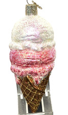 VINTAGE OLD WORLD GLITTERED ICE CREAM CONE CHRISTMAS CHRISTMAS ORNAMENT 4"