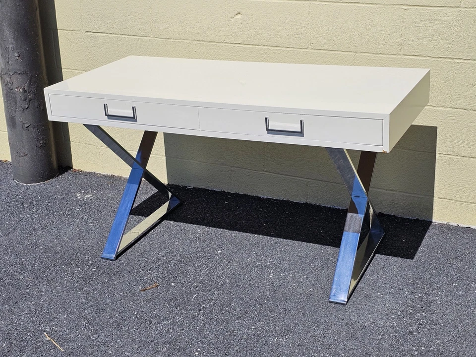 MCM Milo Baughman? Style Campaign Writing Desk White Lacquer & X Chrome Base - Image 2 of 4
