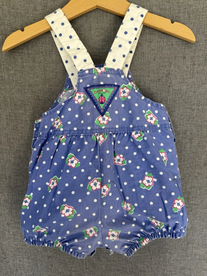 Vtg 80s OshKosh 18M Blue Floral Polka Dot Shortalls USA Ladybug tag - Image 3 of 4