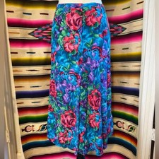 80s Vintage Watercolor Floral Rose Midi Skirt