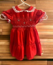 Polly Flinders VTG Hand Smocked Embroidered Dress Toddler 3 Red Lace Flowers