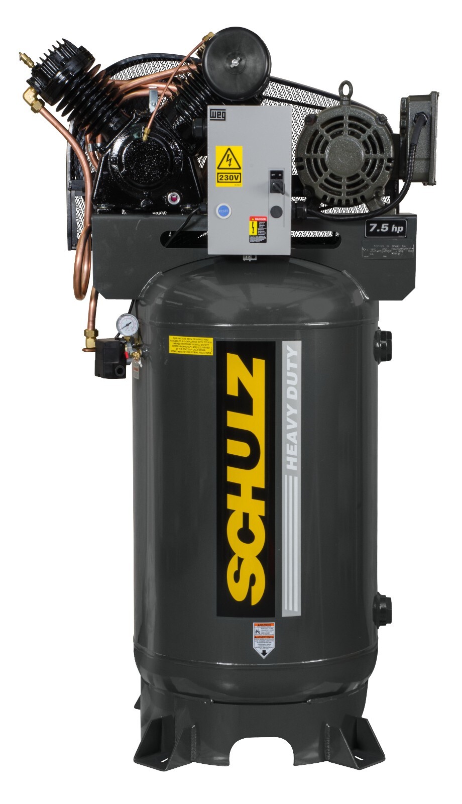 SCHULZ AIR COMPRESSOR, 7.5HP, THREE PHASE, 230V, 80 GALLON T