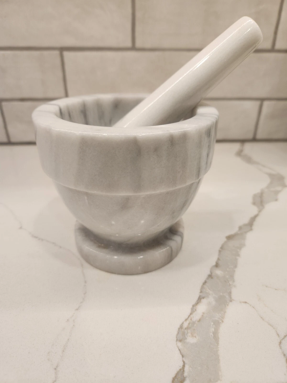 Vintage Gailstyn-Sutton Marble Mortar And Pestle White With Black Veins Taiwan