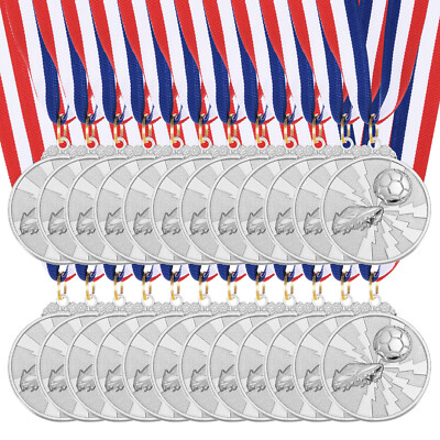 24 Pieces Soccer Medals Silver Award Medals with Neck Ribbon 2 Inch