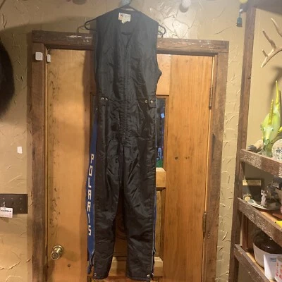 Vtg 1970 Polaris Snow Pants Bib Snowmobile Suit Ski Overall Black Blue Rare Knit - Image 1 of 4