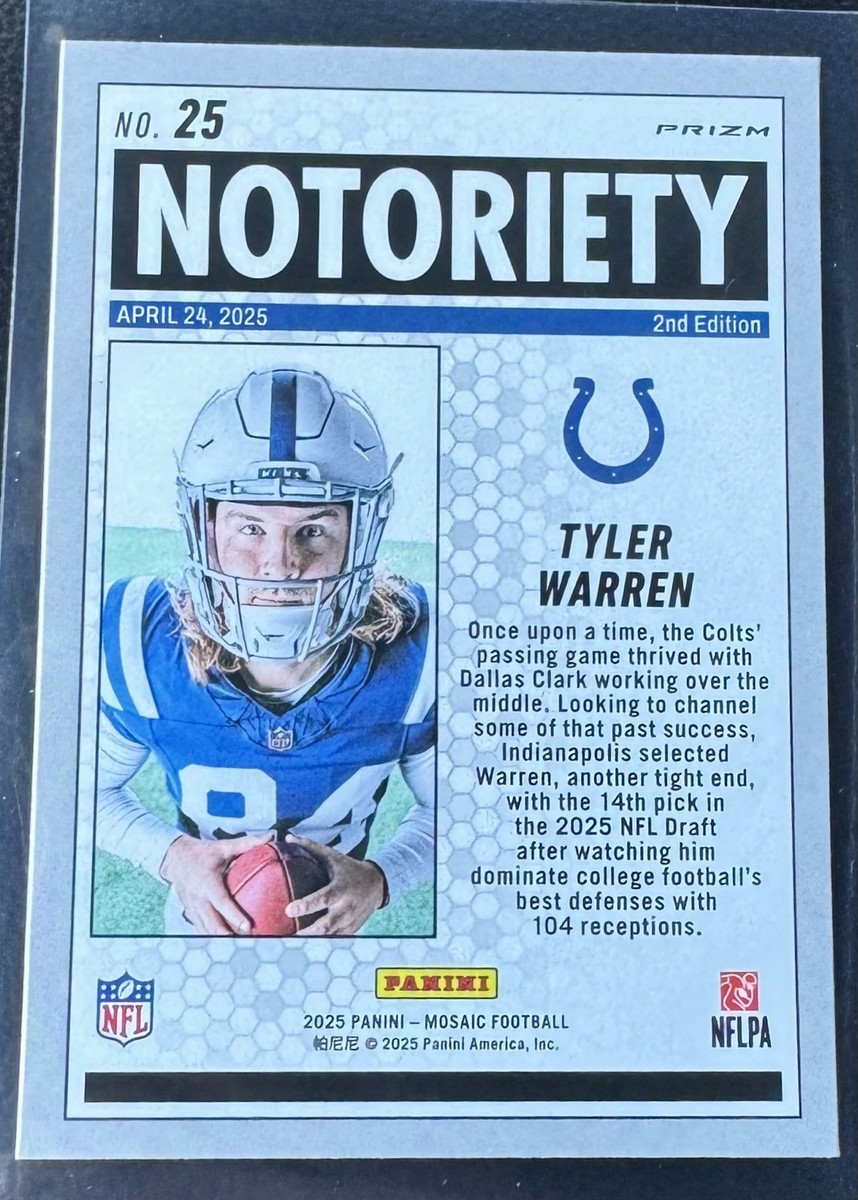 2025 Panini Mosaic Tyler Warren Rookie Notoriety Pink Fluorescent
