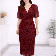 Bardot Leopard Print Midi Dress Sz 8/M Red Black Short Sleeve Wrap V-Neck Party