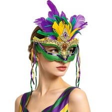 Mardi Gras Sequin Feathers Mask Venetian One Size, Green,purple,yellow