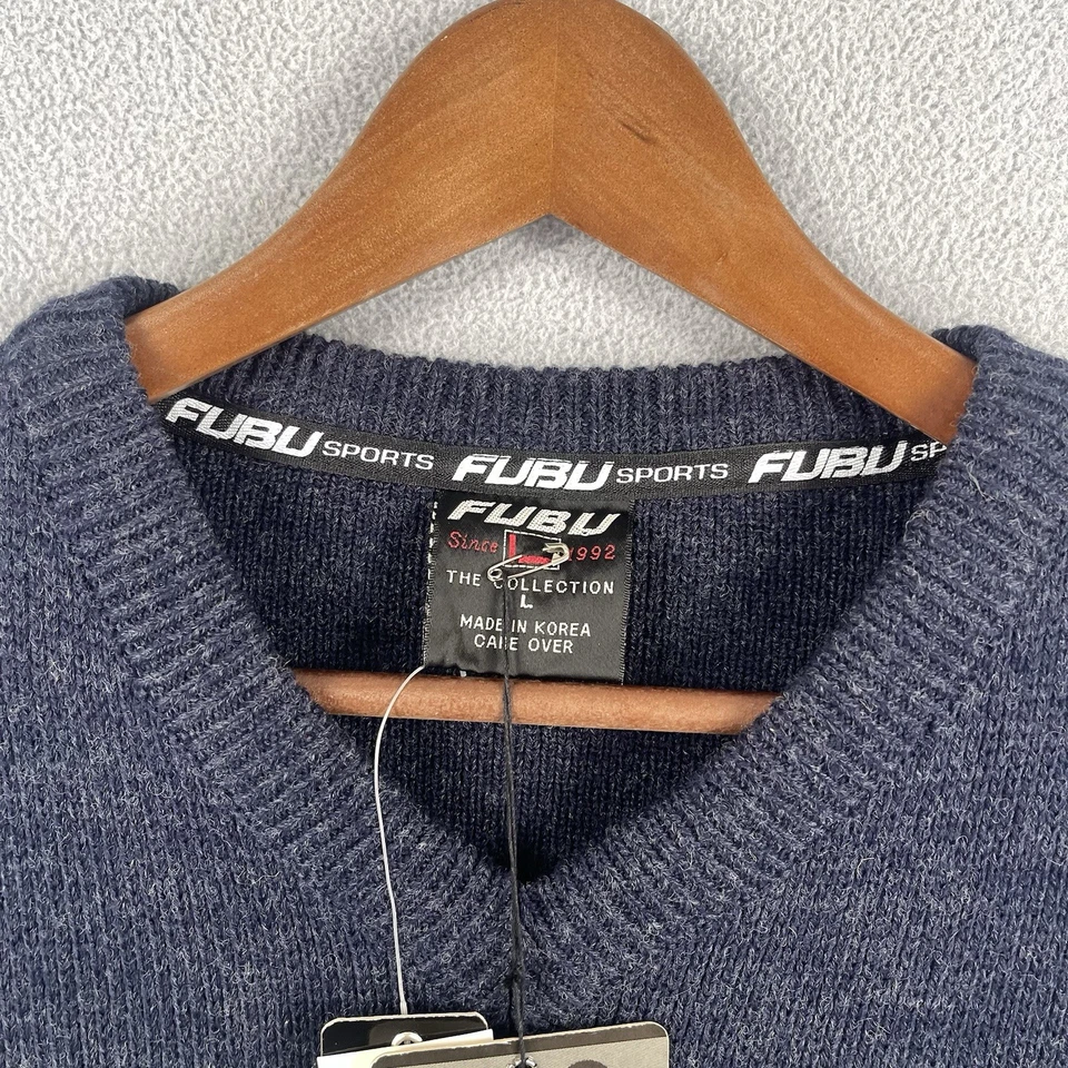 Vintage FUBU Sweater Mens L Gray Black Long Sleeve Acrylic Wool Blend Y2K NWT - Image 3 of 4