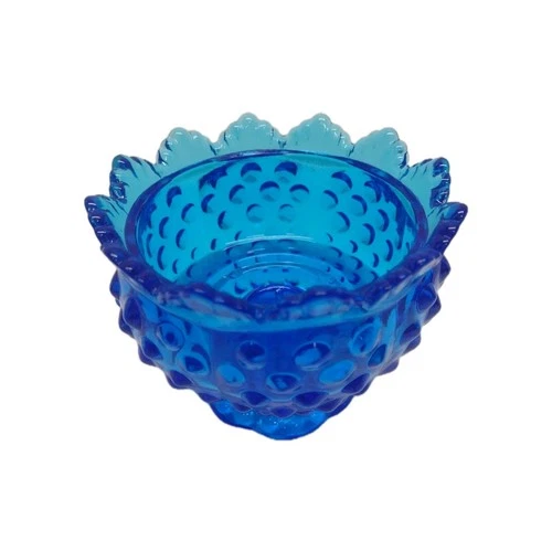 VTG Fenton Hobnail Colbalt Blue Scalloped Edged Bowl Tapered Candle Holder 3.5"