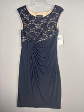 Connected Apparel Dress Womens 8 Navy Lace Sequin Ruched Sheath Knee Length