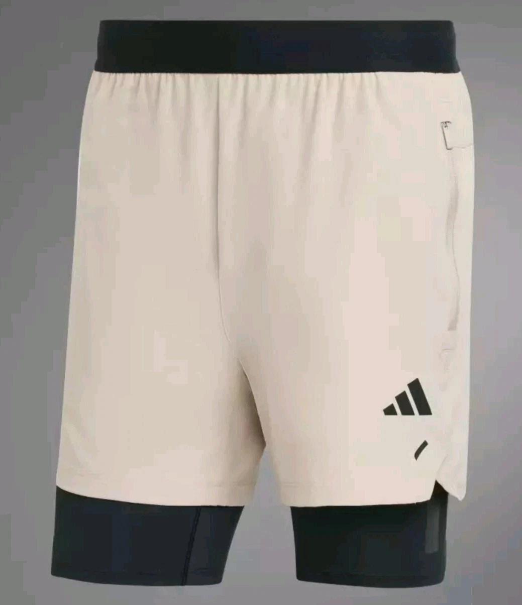 ADIDAS Mens 9" Power Workout Two-in-One Shorts Small Wonder Beige / Black IX9097