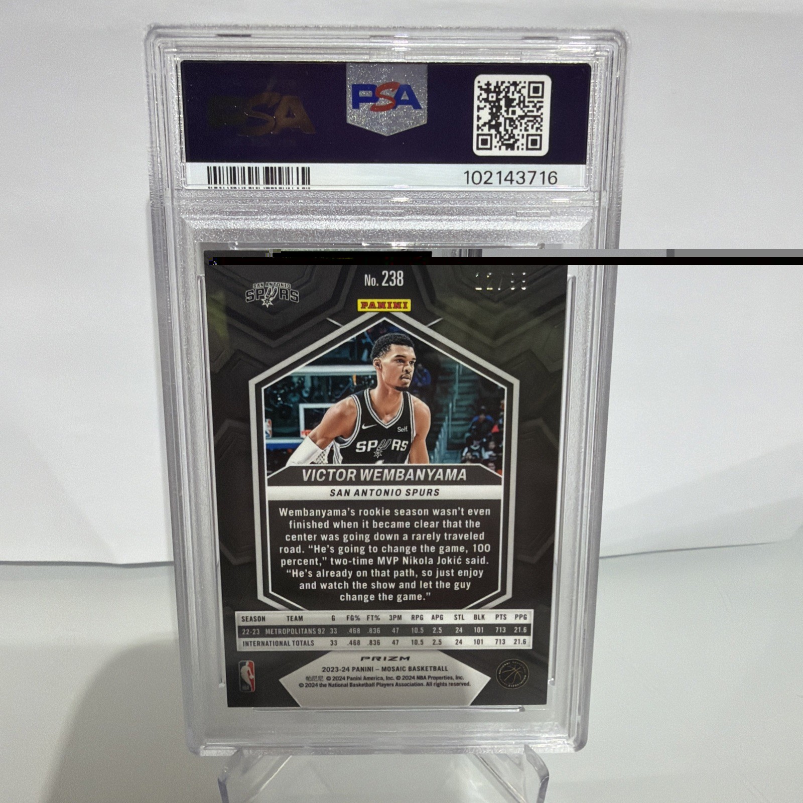 2023-24 Mosaic Victor Wembanyama RC #257 Purple 12/99 PSA 9 Spurs view 2