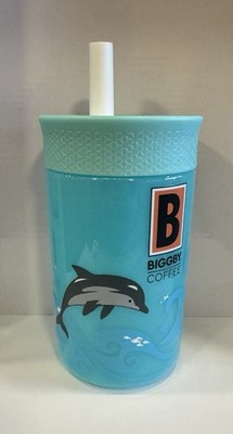 BIGGBY COFFEE KIDS DRINK PLASTIC TUMBLER CUP WITH STRAW ZOO CREW DOLPHIN NEW