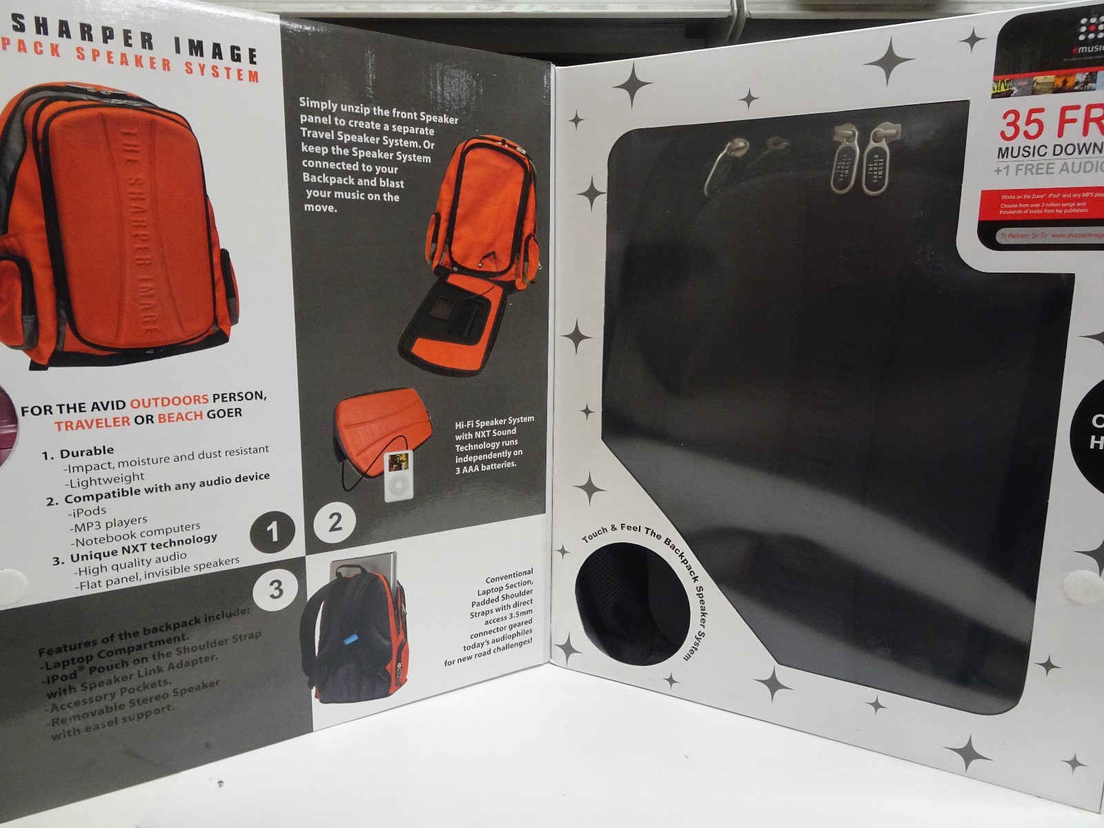 The Sharper Image Stereo Speaker System Padded Black Backpack new