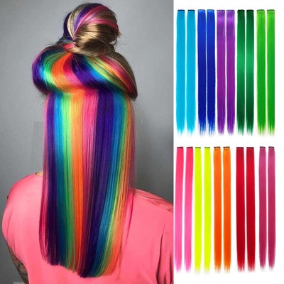 Clip In Hair Extensions 10pcs Highlights Red Blue Yellow Green Pink Straight Ebay