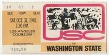 Talón de boleto 1981 USC Trojans vs Washington State Cougars 31/10/81 Marcus Allen