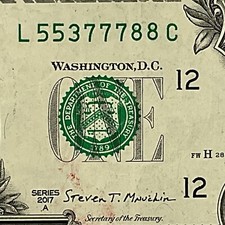 Full House Fancy Serial Number 2017A One Dollar Bill L55377788C FW Print 7s 8s