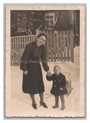 Mother with Child with Sleigh in Winter - Vintage Photo