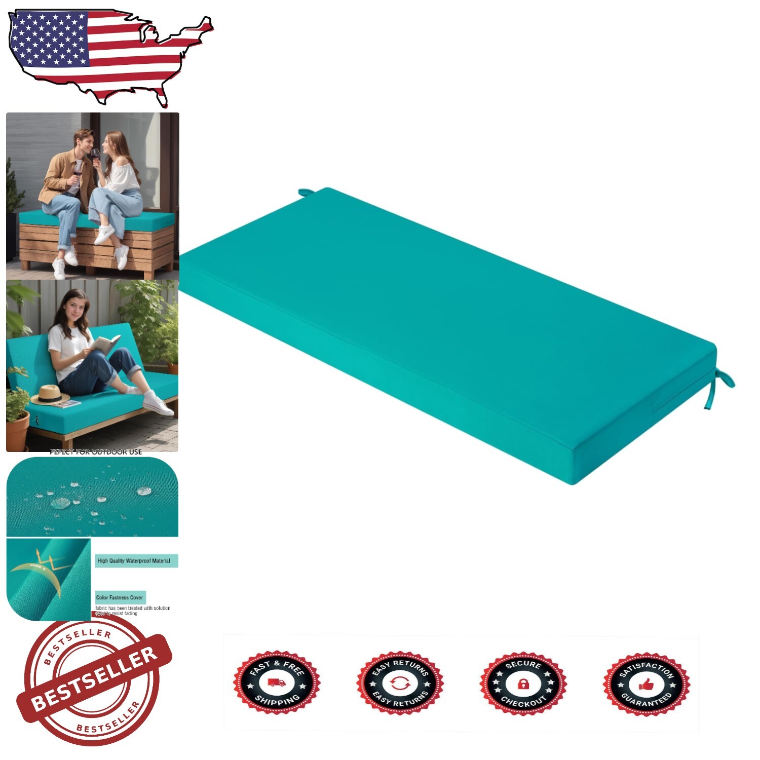 Luxurious Waterproof Outdoor Bench Cushion - 59 inch Peacock Blue Comfort