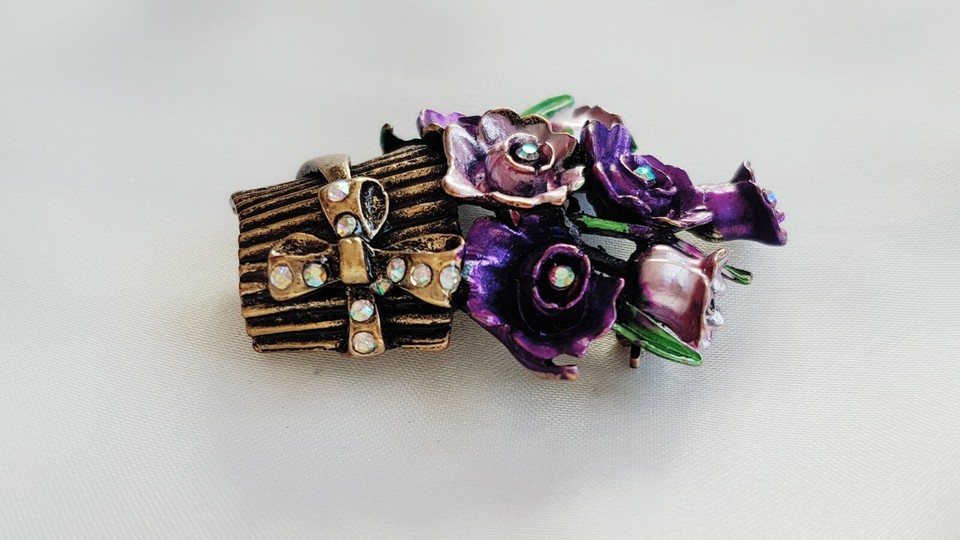 Brooch Flower Basket Metallic Enamel Aurora Borealis Diamantes