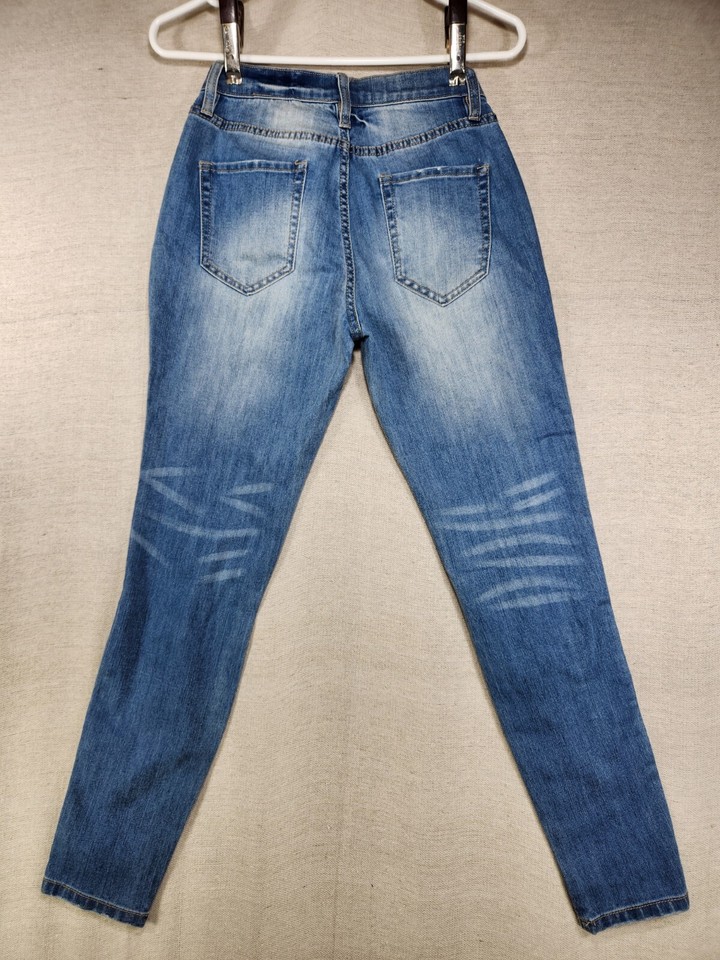 Easel Women's Leopard Stripe Blue Denim Distressed Skinny Jeans Waist