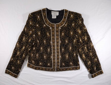 Papell Boutique Evening Black Gold Flower Beaded Silk Jacket Top Blazer Size 12P