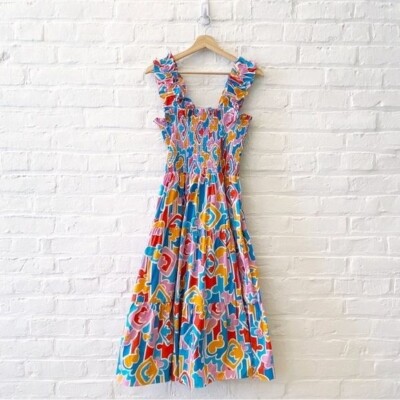 amanda uprichard smocked midi dress Amanda Uprichard || Adelene Smocked Midi Dress in Miami Print Large