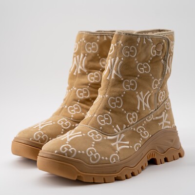 Gucci Men's Ankle Boots Beige Suede Shearling Yankees GG NY MLB size 13G 13.5 US