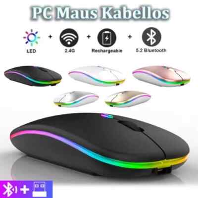 PC Maus Kabellos Bluetooth und Funk für Computer MAC Aufladbare leise Maus LED