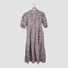 Uniqlo Floral Midi Dress Women’s Size S Cotton Pink Button Front Puff Sleeve