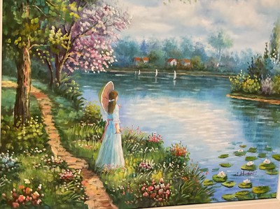 W. Hodges Beautiful Original Landscape Oil Painting Garden Canvas
