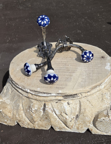 Set of 2 Blue & White Round Ceramic Cabinet Knobs w/ Polished Silver Handles