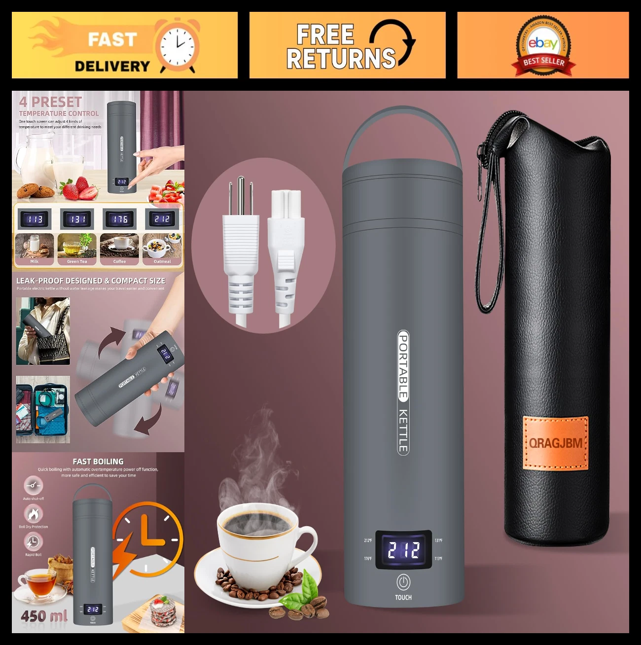 Portable Electric Kettle - Mini Travel Water Boiler with 4 Temp Control, Auto Sh
