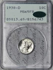 1938-D Mercury Dime MS65FB CAC Old Rattler Holder Great Full Bands! #5FQB