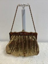 Vintage Whiting  Davis Gold Metal Mesh Kiss-Lock Frame Evening Bag Chain Handle