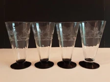 Black Footed Etched And Beveled Glassware Drinkware Tropical Lilies Set Of 4-6" 