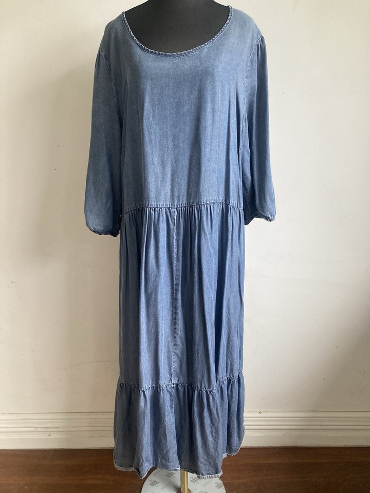 Avella Sz 20 Chambray Maxi Dress Tiered 1/2 Sleeve Denim Colour Lyocell Coastal