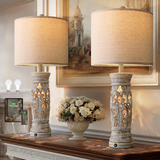 Set of 2 Rustic Farmhouse Table Lamps with USB Ports  Night Light, Bulbs Includ