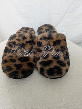 Victoria  s Secret Pink Womens Leopard Faux Fur Slippers Slides Bling Logo Size L
