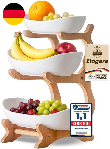 Obst Etagere 3-StöCkig Weiss Keramik Obstschale | Mit BambusstäNder, ServierstäN-image