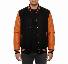 Varsity Letterman Black Wool Orange Cowhide Leather Retro Bomber Baseball Jacket