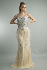 Spaghetti Strap Beaded Dress with Sequin Tulle Feathers