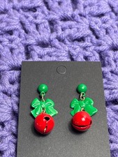 Enameled Metal Christmas Holiday Dangle Earrings Green Bows Red Jingle Bells