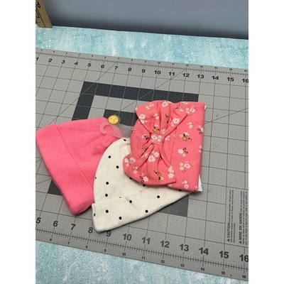 Baby Girl 0-6M Pink Floral Polka Dot Beanie Hat and Bow Headband Set 3pc NEW